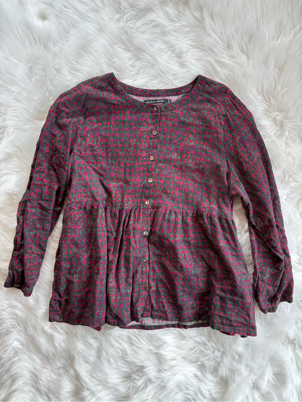 Gudrun Sjoden Burgundy Blouse with Green Dot Print LARGE